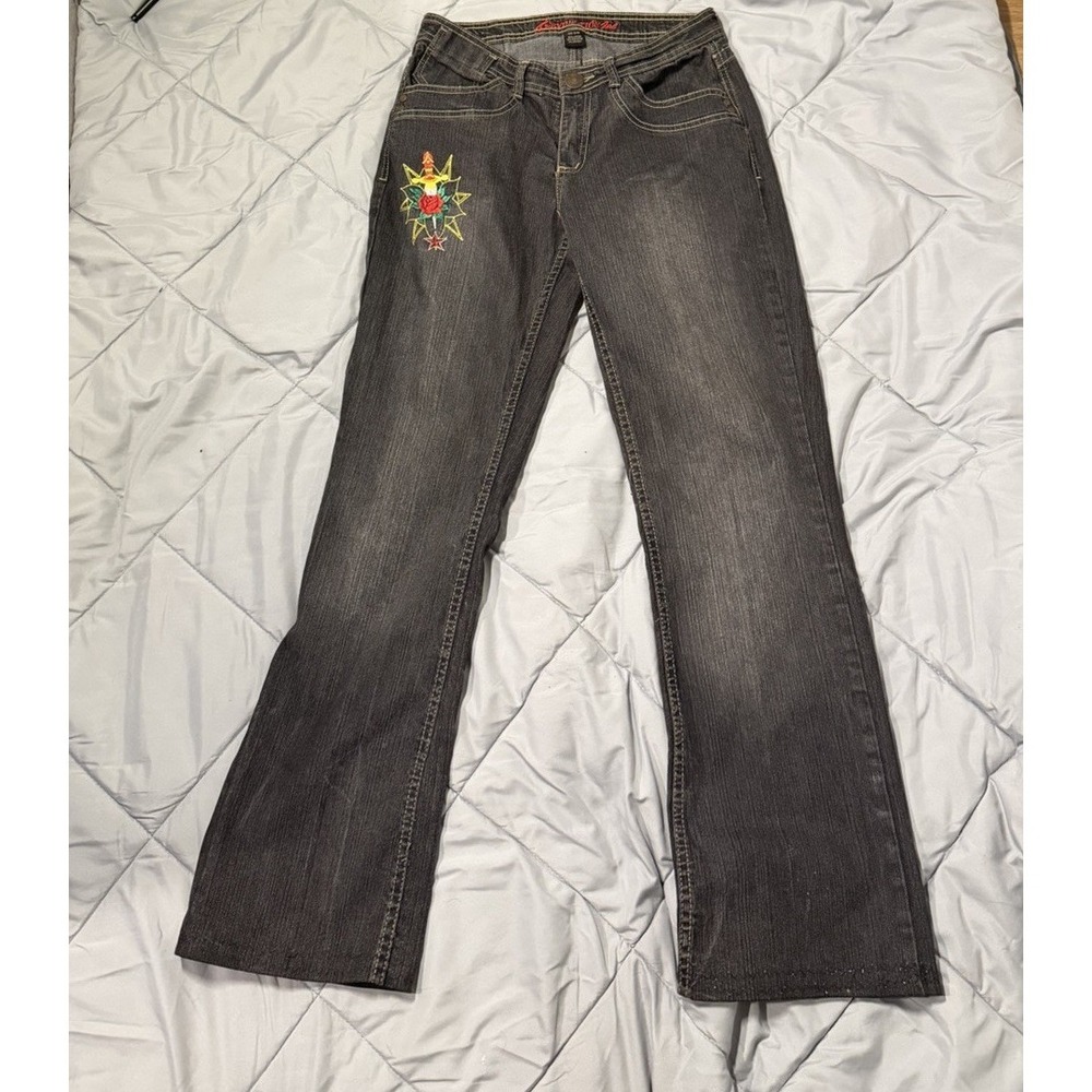 VTG Y2K Evolution Girl Gray Embroidered Dagger Rose Flare Jeans Size 9/10